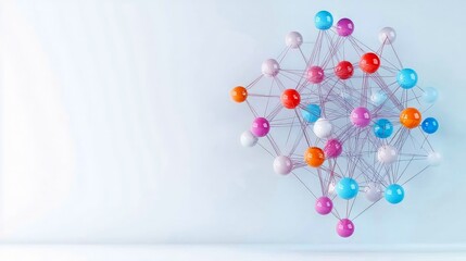 A complex, three-dimensional network of colorful spheres connected by thin threads, symbolizing connections and data.