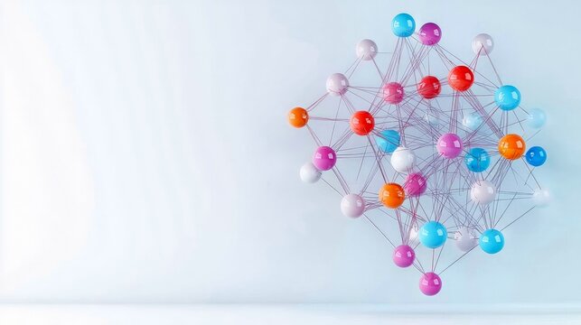 A complex, three-dimensional network of colorful spheres connected by thin threads, symbolizing connections and data.