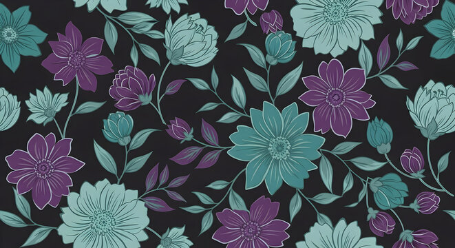 Fototapeta Illustration of a seamless floral pattern in teal and purple tones with dark background for modern d 98536437 1