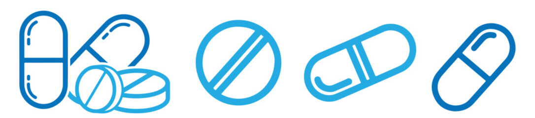 Collection of four medicine pill icons in blue, depicting capsule, tablet, and drug for healthcare, treatment, medication, and pharmaceutical isolated on transparent background