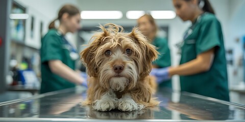 Cute puppy dog on examination table at the veterinary clinic for checkup