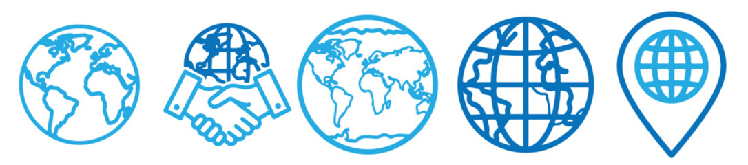 Set of five global icons in blue, representing worldwide connection, global partnership, international business, and location on the earth isolated on transparent background
