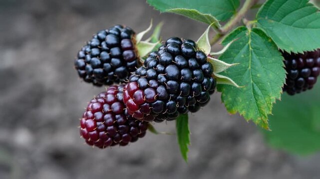 Dark berry cluster gentle movement, showing boysenberry depth of color and ripeness. Wild fruit, organic harvest, and sweet food concept.