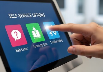 A hand interacts with a digital tablet screen displaying selfservice options for customer support, including help center, knowledge base, and troubleshooting, for quick assistance