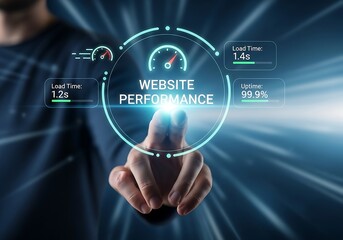 A persons hand interacts with a futuristic digital interface displaying website performance metrics, symbolizing the importance of optimizing online presence and user experience for business success