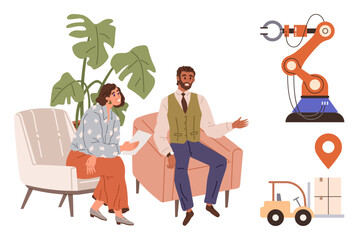 Two professionals discussing logistics automation, featuring a robotic arm, map pin, forklift, and boxes. Ideal for business strategy, innovation, logistics, supply chain technology collaboration