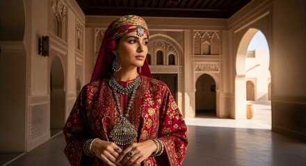 Elegant Woman in Traditional Attire in Ornate Setting