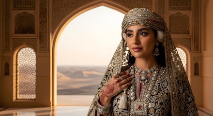 Elegant Arabian Woman in Traditional Gold Attire