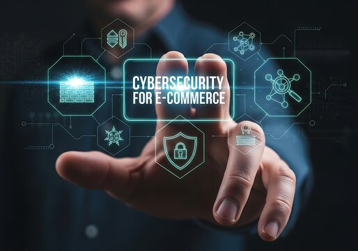 A hand interacts with a glowing holographic interface displaying cybersecurity for ecommerce and digital security icons, symbolizing advanced online business protection and data safety