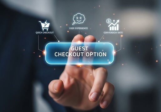 A hand interacts with a glowing guest checkout option button on a digital interface, surrounded by ecommerce icons, representing efficient online shopping, digital transactions, and user experience