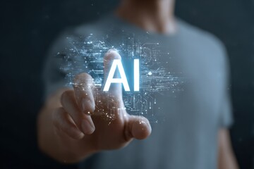 businessman pressing virtual button