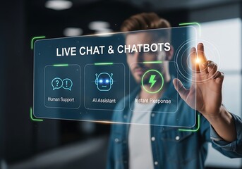 A man interacts with a futuristic holographic interface displaying live chat chatbots options, symbolizing modern customer service, artificial intelligence, and digital communication technology