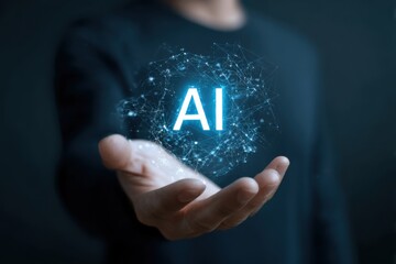 Man holding AI symbol with futuristic digital interface 