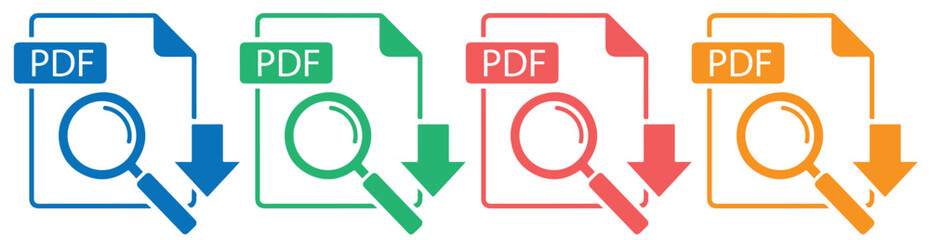 Set of colorful pdf document icons with magnifying glass and download arrow, representing file search and download, isolated on transparent background these symbols convey accessibility