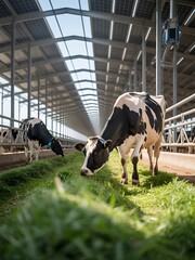 Holstein cows eating grass in a modern barn with natural light shining through