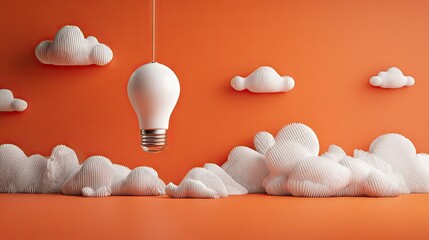 White lightbulb suspended in a coral-colored space, amidst textured clouds.