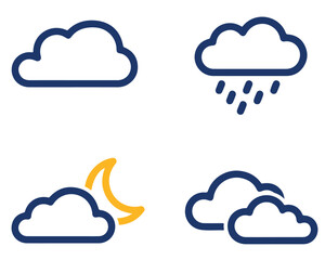 Weather forecast icons isolated on transparent background cloud, rain, night, and overcast, representing various weather conditions and predictions for meteorology and climate