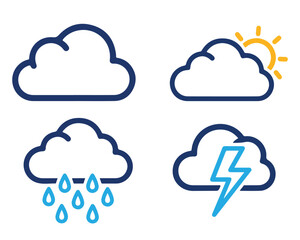 Weather forecast icons isolated on transparent background cloud, partly cloudy, rain, and thunderstorm, representing various weather conditions and predictions for meteorology