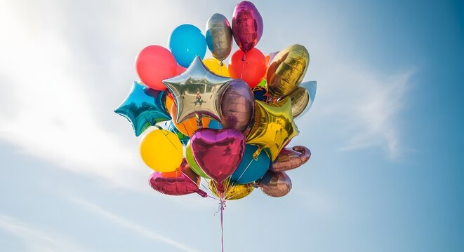 Celebrate with vibrant balloons floating against a clear blue sky, perfect for birthdays, parties, and joyful events that need a pop of color and fun