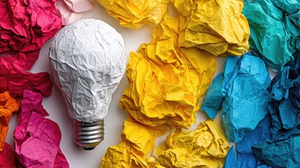 Crumpled paper lightbulb surrounded by colorful paper.