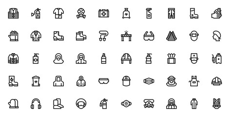Personal Protective Equipment PPE icon set. Vector ilustration. Includes symbos for hazmat, gas mask, glves, helmet, gown, safety oggles, disinfectant and mre.