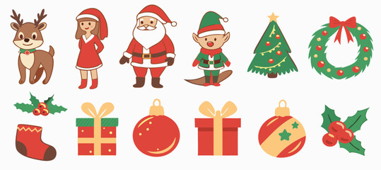 Christmas characters and objects illustrations set. Vector cartoon clipart for Christmas decorations
