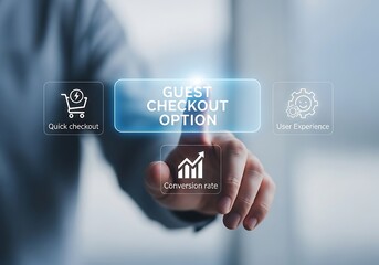A hand presses the guest checkout option button on a digital screen, illustrating the convenience of online shopping, efficient ecommerce transactions, and streamlined payment solutions for customers