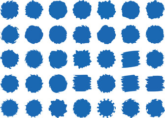 A grid of 36 blue circular blotches of various shapes on a white background