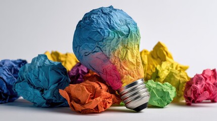 Colorful crumpled paper lightbulb surrounded by other crumpled papers.