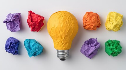 Colorful crumpled paper balls surrounding a yellow lightbulb.