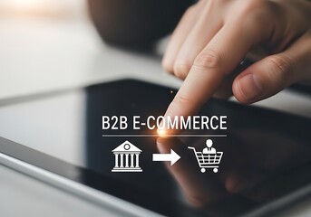 A hand touches a digital tablet screen showing b2b ecommerce text and icons, representing the modern landscape of businesstobusiness online transactions, digital trade, and global market
