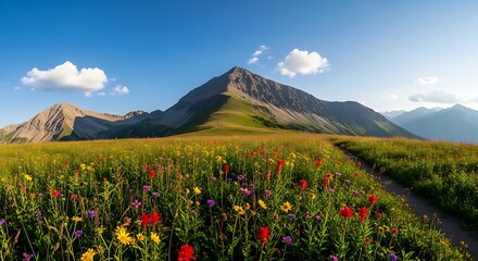 Vast Meadow of Wildflowers leading to Majestic Mountain Peaks Under a Clear Blue Sky with Fluffy Clouds