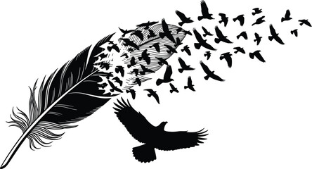 Black feather transforming into flying birds silhouette illustration representing freedom, creativity, transformation, movement, nature, and artistic abstract vector design © MDTanvir