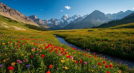 Beautiful mountain landscape with a vibrant field of wildflowers and a winding stream under a clear blue sky