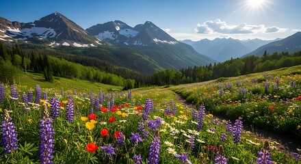 Vibrant alpine meadow bursting with colorful wildflowers under a bright sunlit sky with majestic mountains in the background