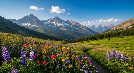 Breathtaking mountain landscape adorned with a vibrant carpet of wildflowers under a clear blue sky with scattered clouds