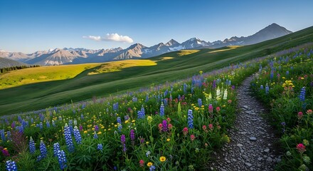 Vibrant wildflowers bloom along a winding path with rolling green hills and majestic mountains under a clear blue sky