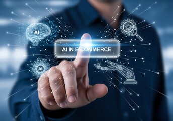 A persons hand interacts with a holographic display showing ai in ecommerce and various artificial intelligence icons, illustrating the integration of ai technology into online retail and business