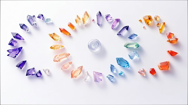 A collection of faceted crystals in various colors, arranged in a circular pattern that mimics a rainbow spectrum.
