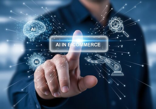 A persons hand interacts with a holographic display showing ai in ecommerce and various artificial intelligence icons, illustrating the integration of ai technology into online retail and business - Powered by Adobe