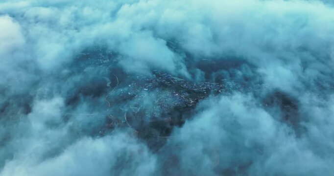 Aerial view of the mist in the sunrise sky is beautiful in the highlands of Da Lat, Vietnam