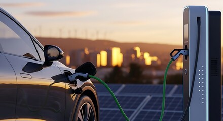 Electric vehicle charging station with solar panels and a city skyline in the background, sustainable energy concept