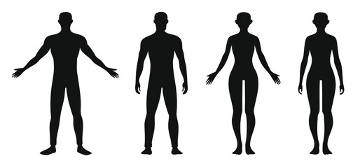 Man and woman body silhouette. Human figure outline. Male and female front view body shapes standing full height. Bare and naked slim healthy people.
