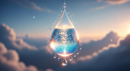 A drop of pure water shimmering with light, suspended against a backdrop of soft clouds and a radiant sky, symbolizing purity and renewal