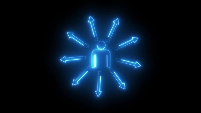 Neon skill icon animation on black background, glowing man symbol with multi-direction arrows, personal growth and capability development concept, talent upgrade