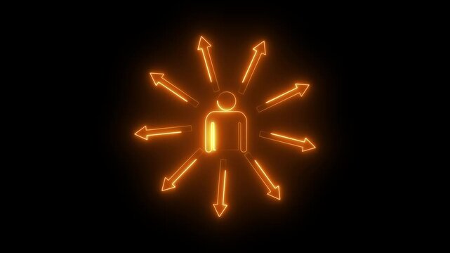 Neon skill icon animation on black background, glowing man symbol with multi-direction arrows, personal growth and capability development concept, talent upgrade