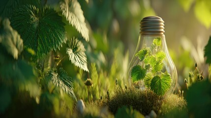 A small plant grows inside a clear lightbulb.