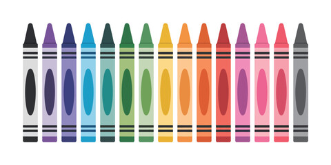 School supply crayon illustration featuring black, blue, turquoise, teal, green, yellow, orange, red, pink, purple, brown, and gray crayons isolated on white background.