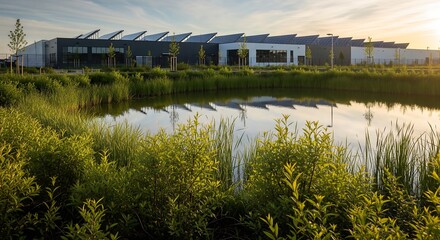 Sustainable Manufacturing Facility Showcasing Green Industry Practices Urban Environment Photographic Landscape