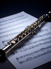 Flute and sheet music in a black background